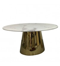 Coffee Table Round White Faux Marble Top Shiny Metal Frame Titanium Gold Stainless Electroplating Dove